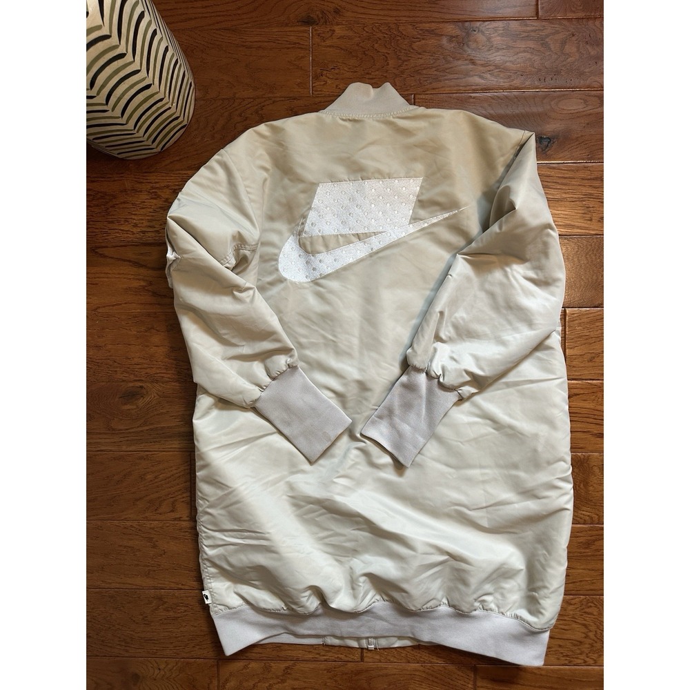Nike Sportswear NSW Women Size L Longline Bomber Jacket Beige Big Back Swoosh
